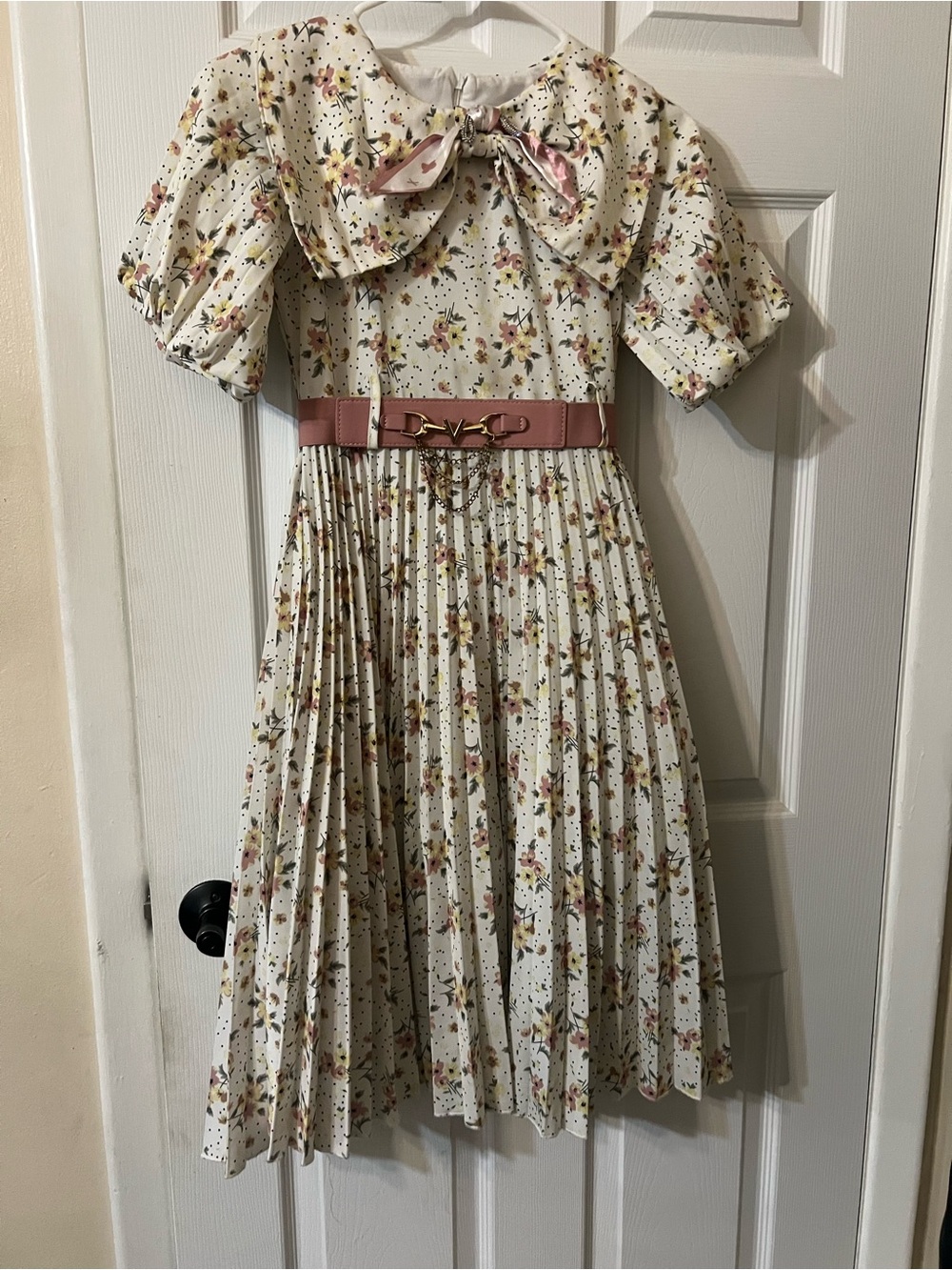 Girls' Cream Floral Pleated Dress with Pink Belt